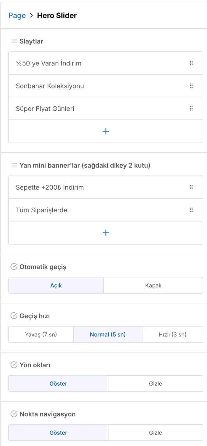 Hero Slider bloğunun ayarları: slaytlar, otomatik geçiş, geçiş hızı ve navigasyon