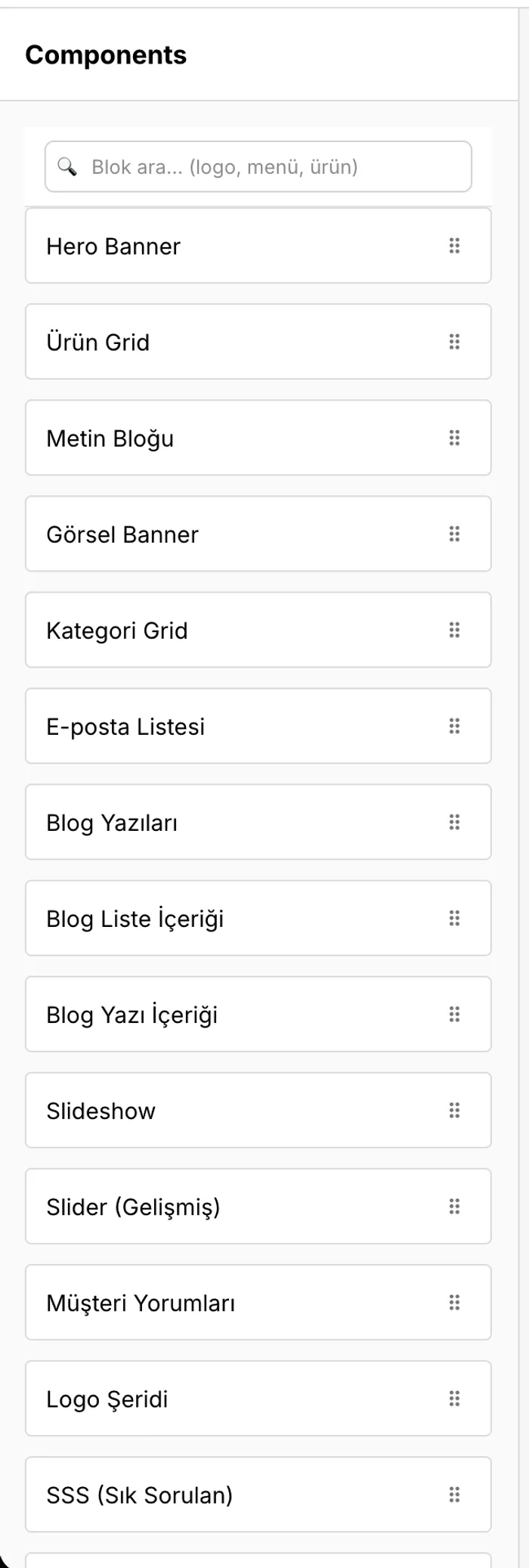 Tema editörünün blok kütüphanesi ve blok arama kutusu